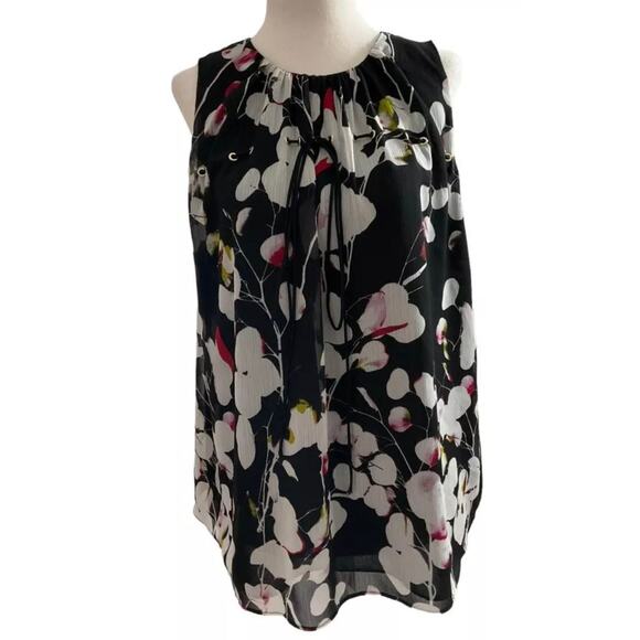 Ellen Tracy Women Sz Medium Floral Blouse Shirt Chiffon Black | 17-313 - Picture 1 of 6